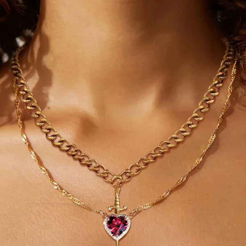 Double Layer Sword Through Heart Gem Necklace, Gothic Halo Gem Stack Pendant Chain