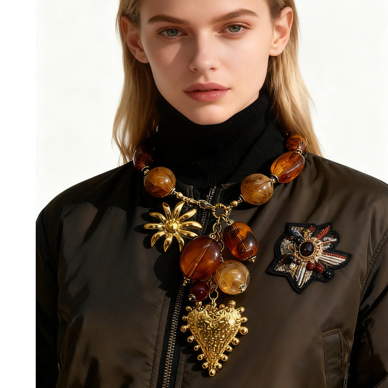 Vintage Swirl Amber Bead Heart Sunflower Charm Necklace, Retro 18K Gold Statement Collar