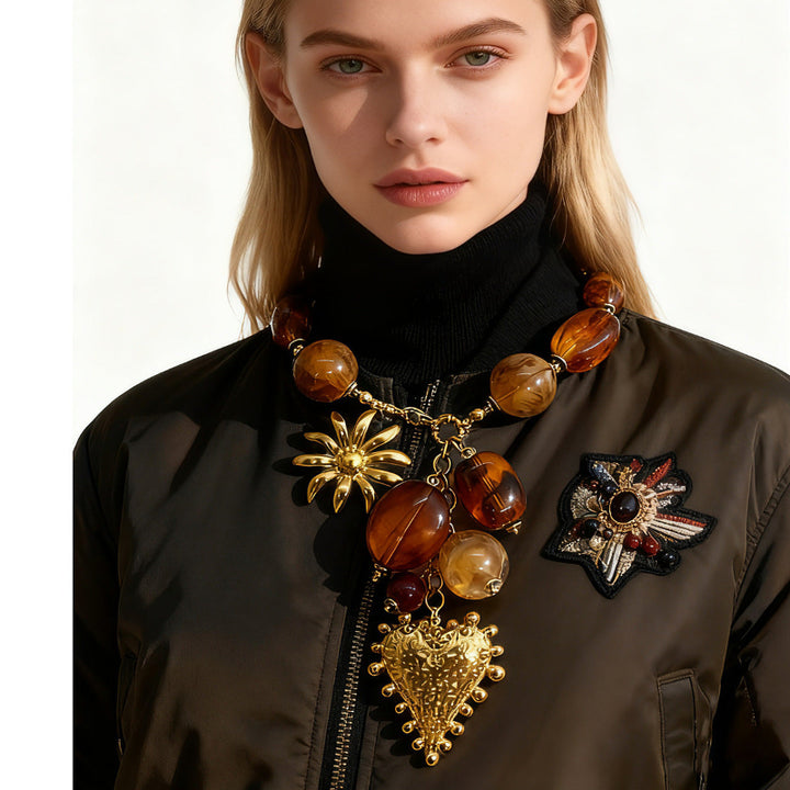 Vintage Swirl Amber Bead Heart Sunflower Charm Necklace, Retro 18K Gold Statement Collar