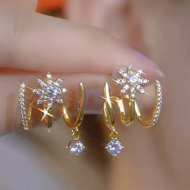 Luxury Minimalist Super Sparkling Eight-Pointed Star Earrings, Multi‑Band Design With Dangling Diamond Drop