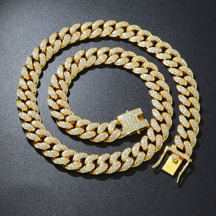 15mm Iced‑Out Diamond Cuban Link Chain Set, Hip Hop Style Necklace and Bracelet for Trendy Men