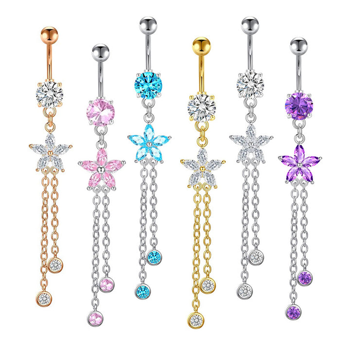Multi‑Color Star Gem & Diamond Dangle Belly Button Rings, Tassel Chain Drop Navel Piercing Jewelry Set