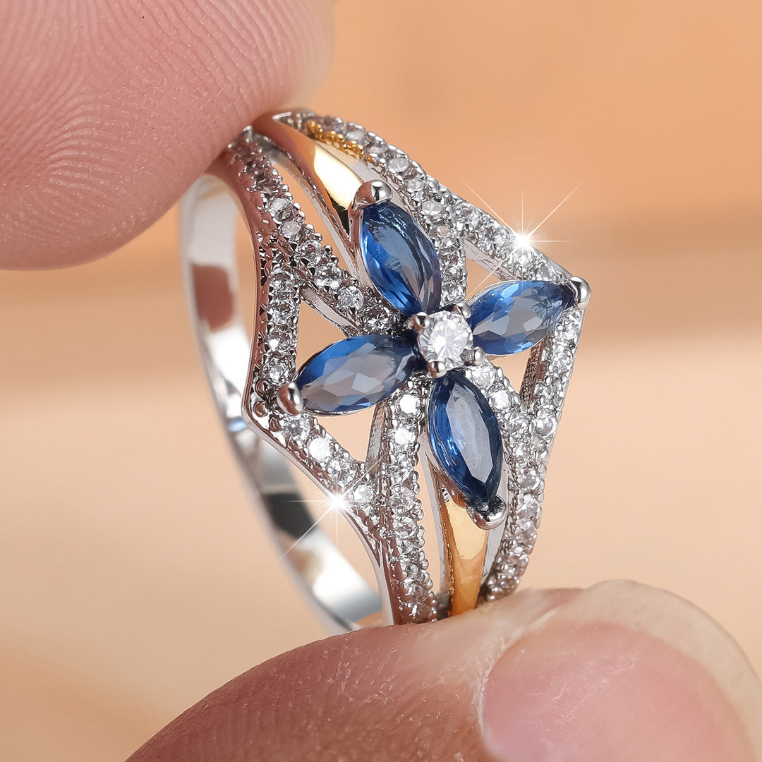 Two‑Tone Flower Marquise-Cut Blue Gems Ring, Perfect for Gift &amp; Daily Wear