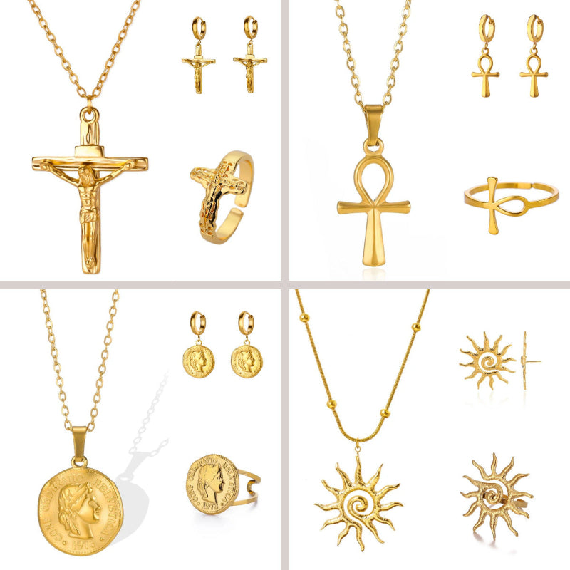 Jewelry Matching Set, Necklace Hoop Earrings Open Ring Vintage Religious Statement Stackable Accessory Kit