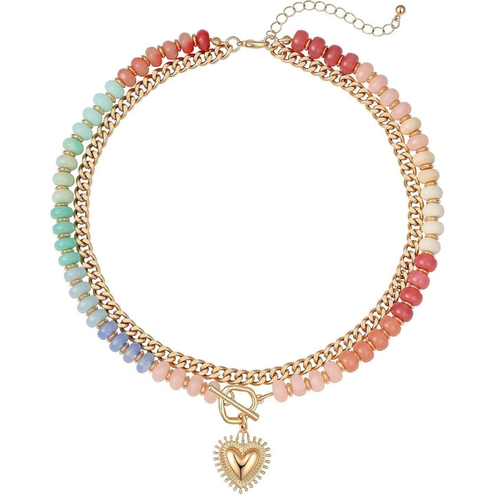 Dual Strand Gradient Rainbow Bead Choker, Starfish & Sunburst Heart Summer Vacation Layered Beach Necklace