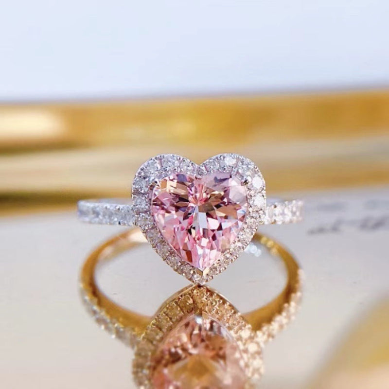 Heart Colored Gem Diamond Halo Ring, Adjustable Opening Romantic Love Ring
