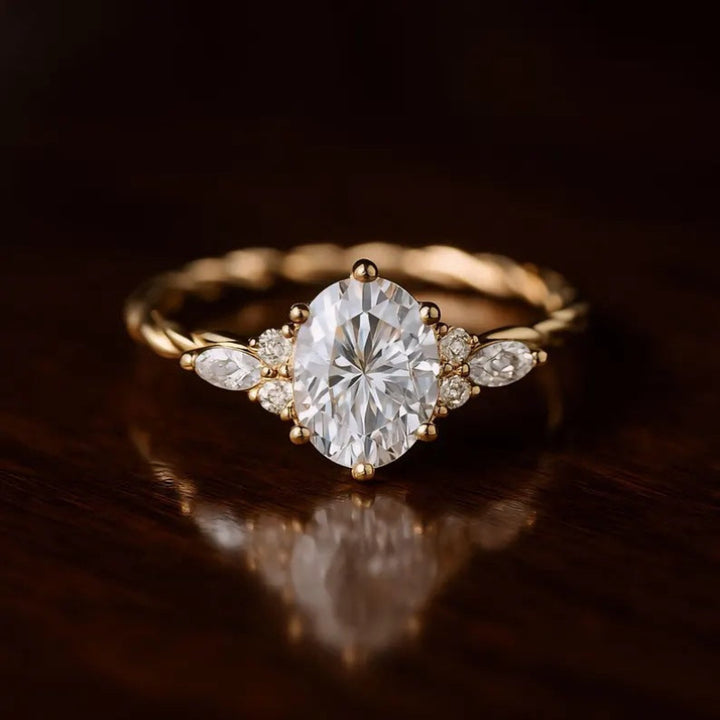 Oval Diamond Three-Stone Twisted Vine Yellow Gold Engagement Ring, Dainty Marquise Cluster Floral Promise Ring