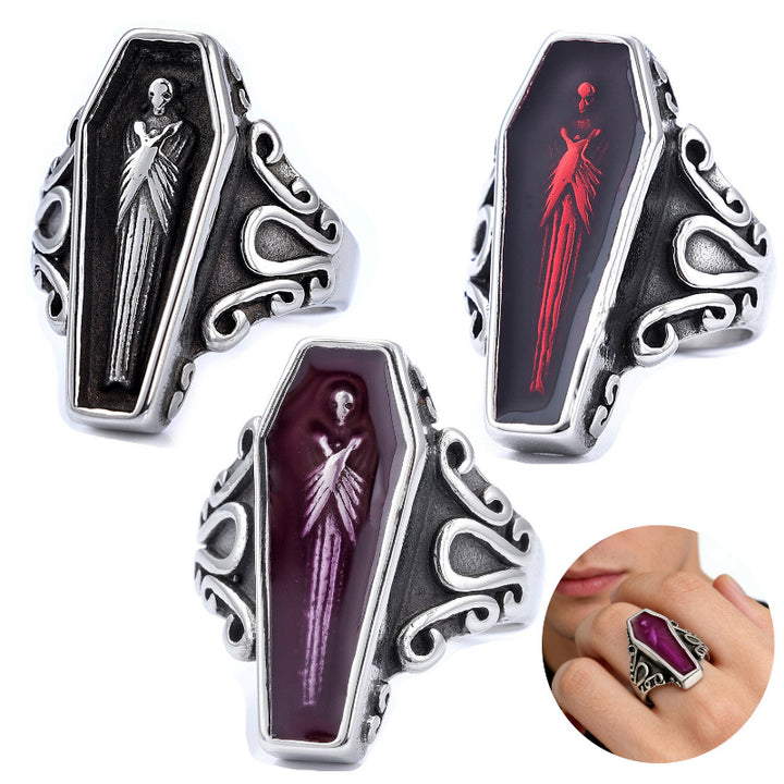 Gothic Coffin‑Shape Statement Ring, Vintage Scroll Engraved Dark‑Style Unisex Band Ring