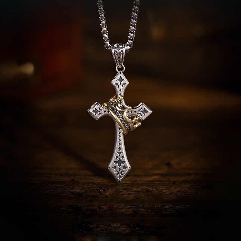 Rotating Crown and Cross Pendant Necklace; Vintage-Style, Non-Fading Clavicle Chain for Men
