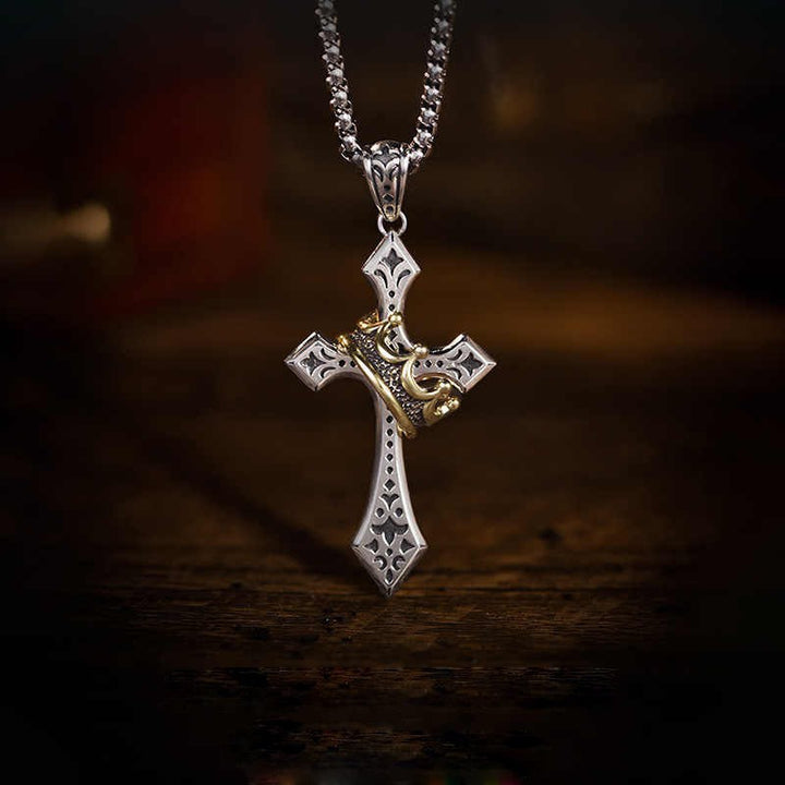 Rotating Crown and Cross Pendant Necklace; Vintage-Style, Non-Fading Clavicle Chain for Men