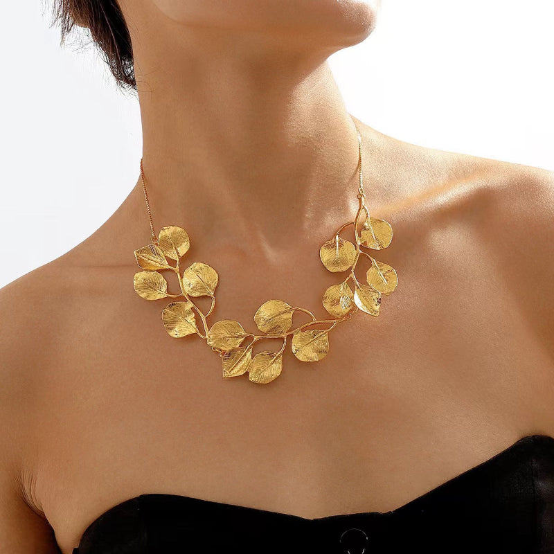 Textured Golden Leaf Vine Bib Choker, 18K Gold Nature Statement Collarbone Necklace