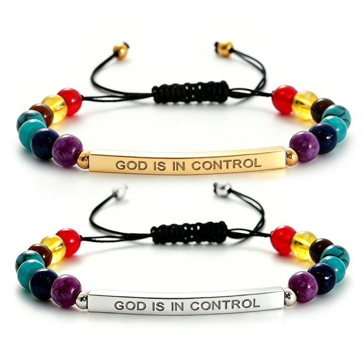 "God Is In Control" Colorful Beaded Adjustable Bracelet, Inspirational Bar Charm Bracelet Gold & Silver Tone