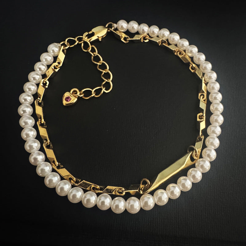 Pearl & Geometric Metal Stacked Bracelet, Heart Diamond Charm Dainty Layered Women Coquette Minimalist Wrist Jewelry