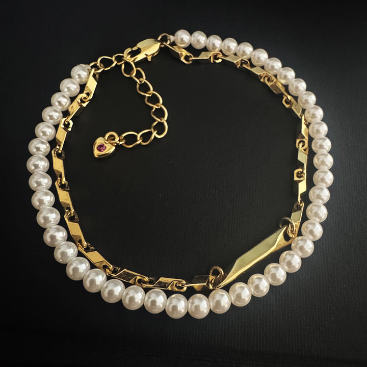 Pearl & Geometric Metal Stacked Bracelet, Heart Diamond Charm Dainty Layered Women Coquette Minimalist Wrist Jewelry