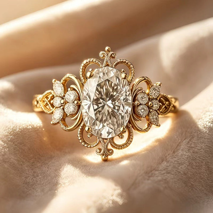 Vintage Art‑Deco Oval‑Cut Diamond Gold Ring, Ornate Filigree Engraved Statement Engagement Ring