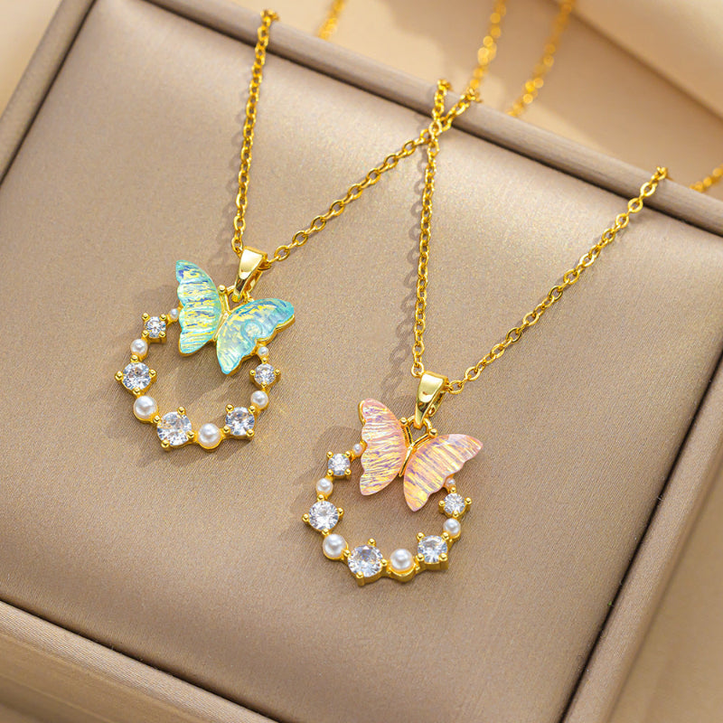 Iridescent Butterfly Wreath Pendant Necklace, Pearl & Diamond Decor Elegant Necklace For Women