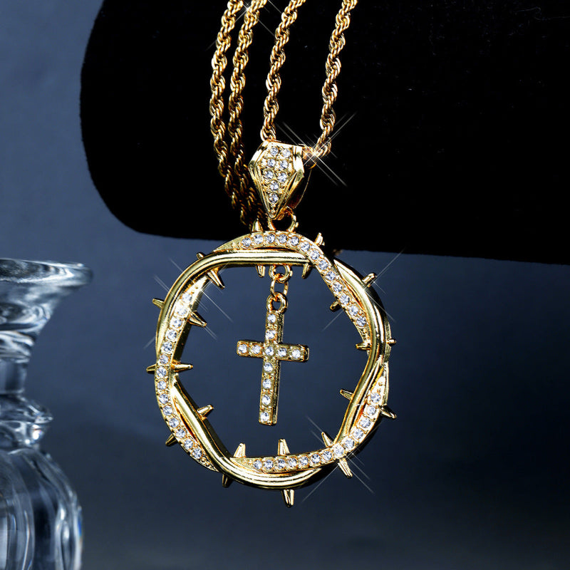 Intertwined Thorns Diamond-Studded Cross Pendant, Retro Creative Necklace Jewelry