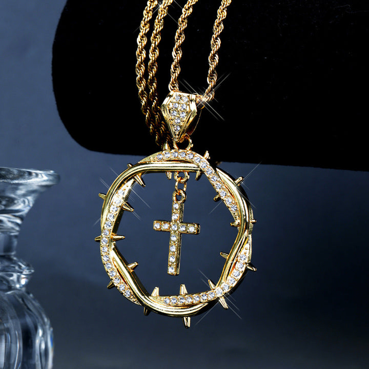 Intertwined Thorns Diamond-Studded Cross Pendant, Retro Creative Necklace Jewelry