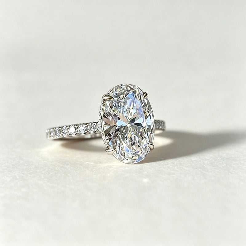 4-Prong Oval Diamond Pave Band Engagement Ring, Gold Silver Dainty Bridal Statement Ring