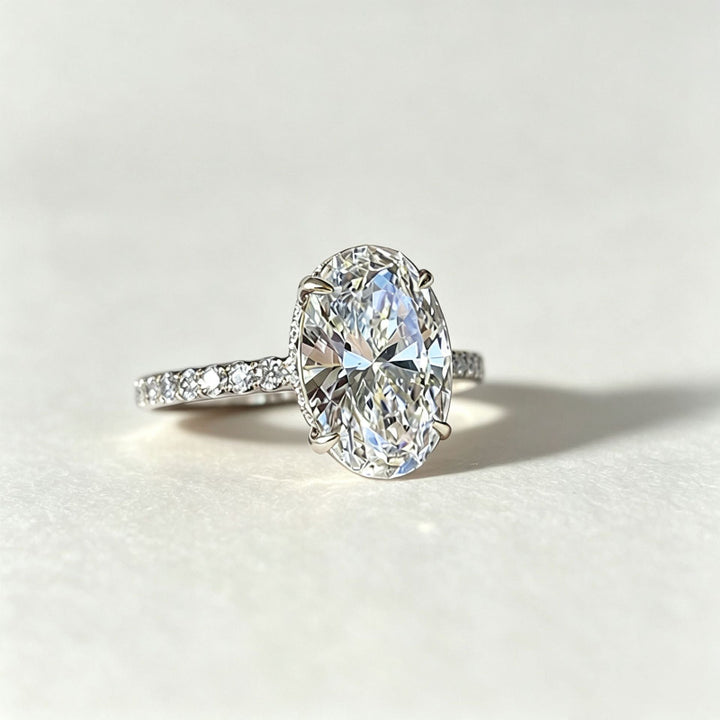 4-Prong Oval Diamond Pave Band Engagement Ring, Gold Silver Dainty Bridal Statement Ring