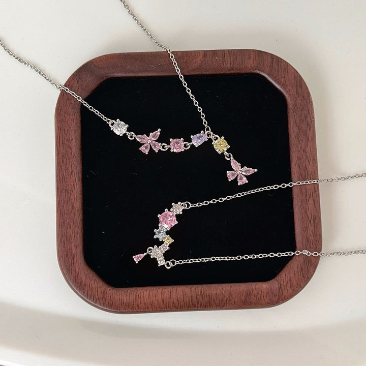 Colorful Multi Stone Pendant Necklace, Dainty Butterfly Cluster Gemstone Chain Necklace
