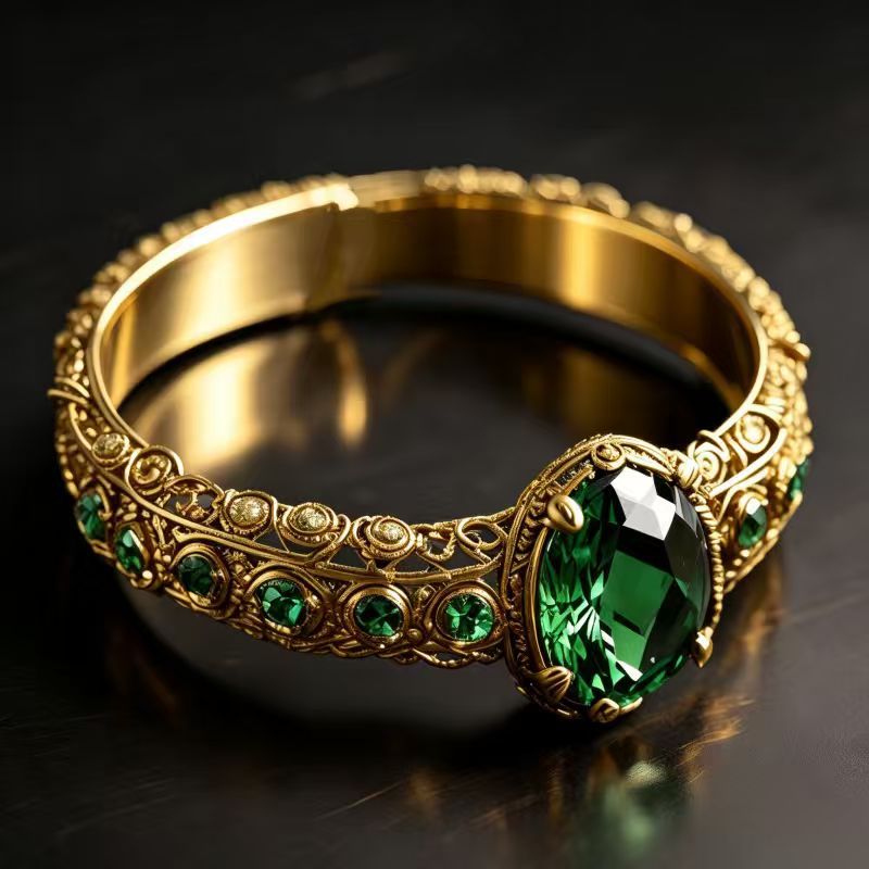 Vintage Filigree Round Green Gem Solid Band Ring, Distinctive Court-Style Ring
