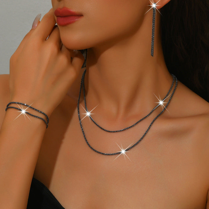 Shimmer Layered Diamond Chain Jewelry Set, Fashionable Double-Layer Stacked Starry Sky Necklace, Earrings, and Bracelet