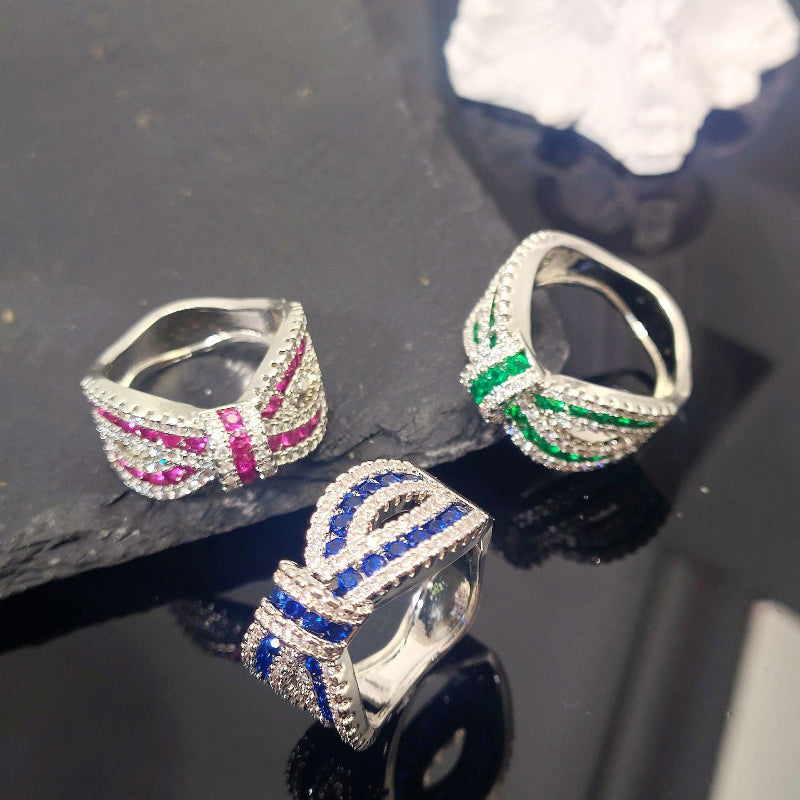 Bow‑Shaped Multi‑Color Gem &amp; Diamond Statement Ring, Women’s Wide Band Cocktail Ring