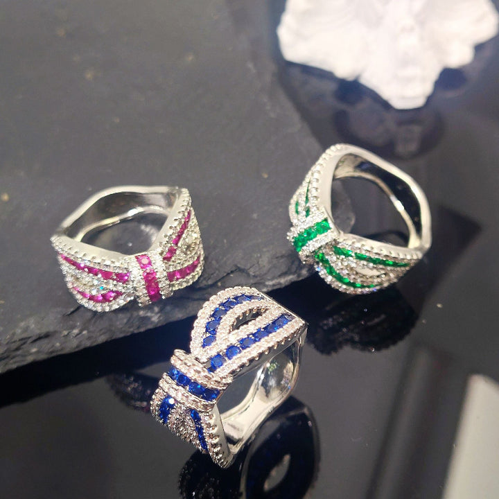 Bow‑Shaped Multi‑Color Gem &amp; Diamond Statement Ring, Women’s Wide Band Cocktail Ring