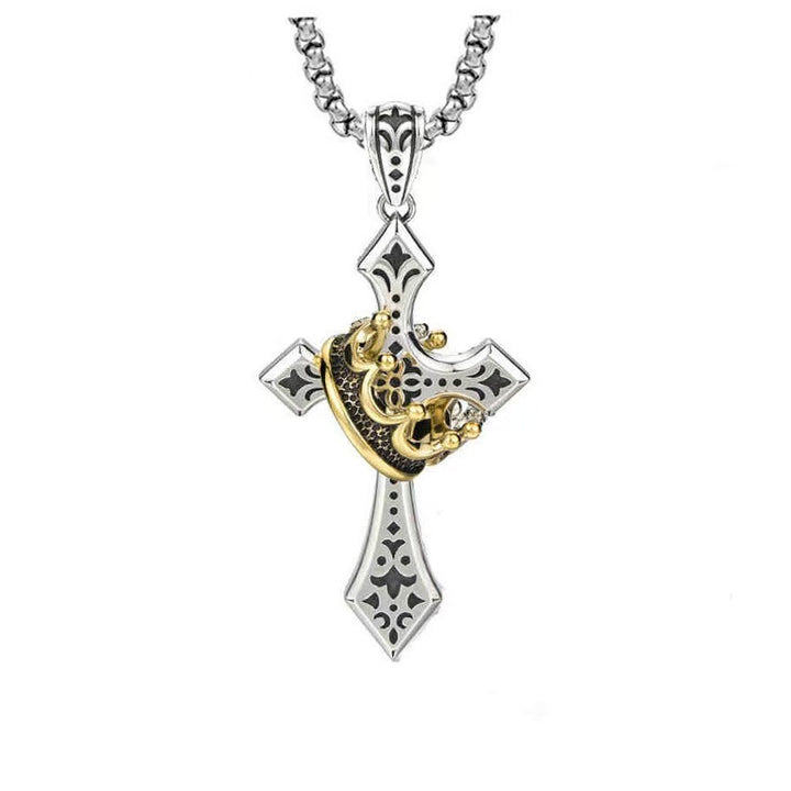 Rotating Crown and Cross Pendant Necklace; Vintage-Style, Non-Fading Clavicle Chain for Men