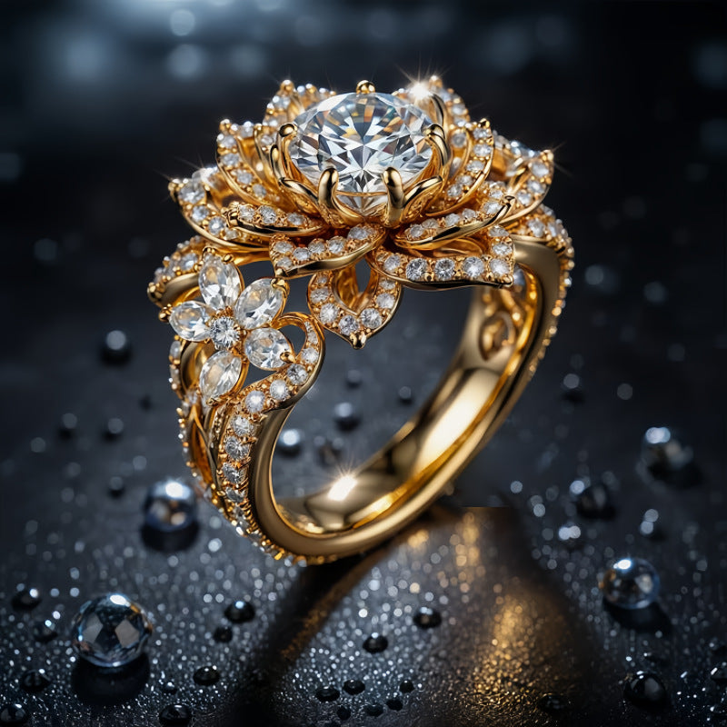Luxurious Diamond-Encrusted Lotus Ring, Ornate 14K Gold‑Tone Halo Statement Cocktail Ring