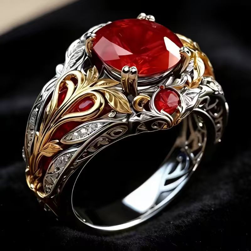 Two-Tone Carved Leaf Red Gem Diamond Vintage Wide Statement Ring