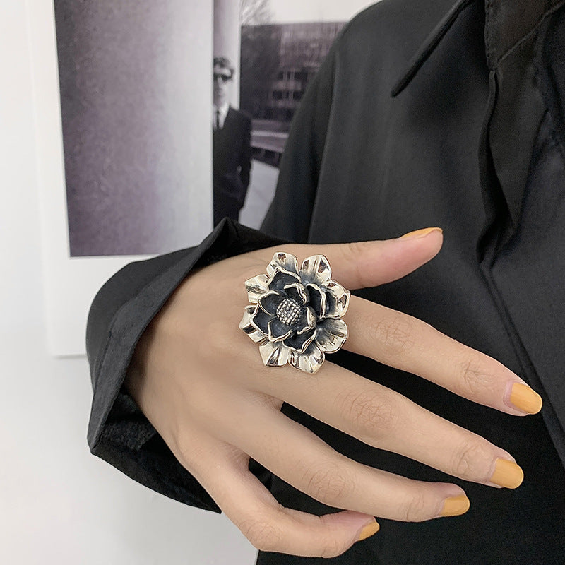 Vintage Silver 3D Sculpted Flower Statement Ring, Adjustable Floral Gothic Stackable Band