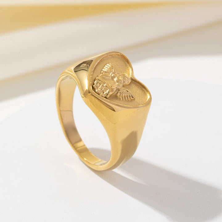 18K Gold Heart Cherub Signet Ring, Vintage Embossed Angel Love Statement Ring