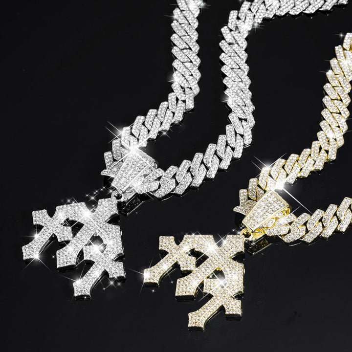 Iced Out Cross Pendant Necklace, Full Diamond Cuban Chain Hip Hop Statement Jewelry in Gold & Silver Tone