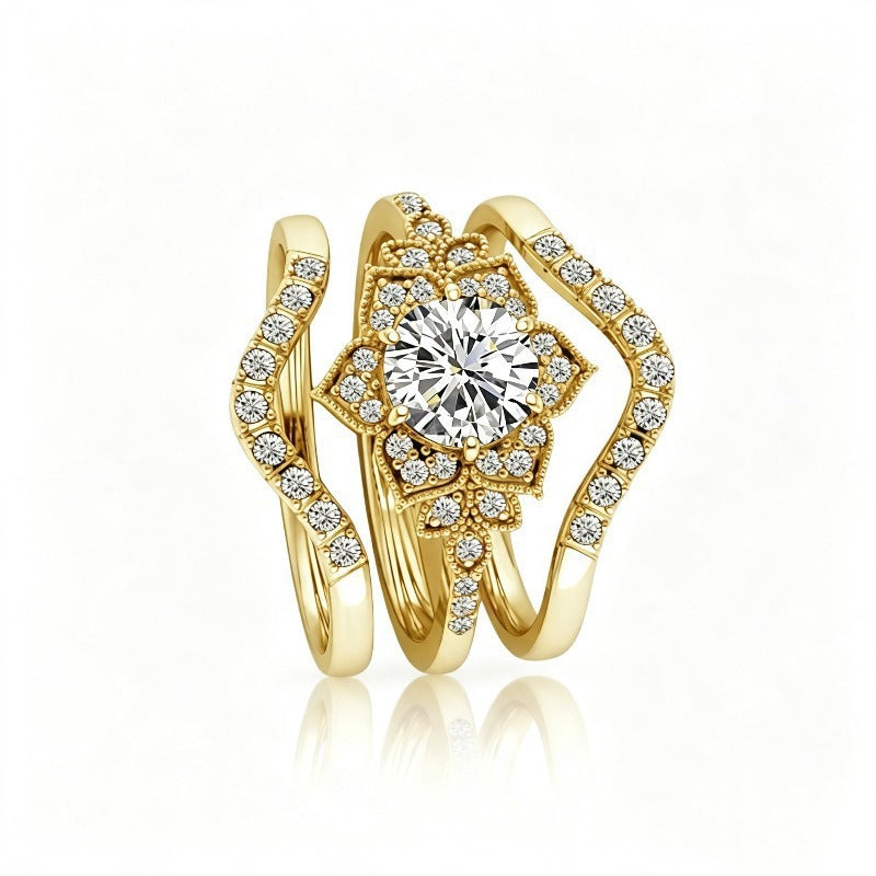 Vintage Floral Stackable Ring Set, Sparkling Center Diamond Curved Band Statement Rings for Women