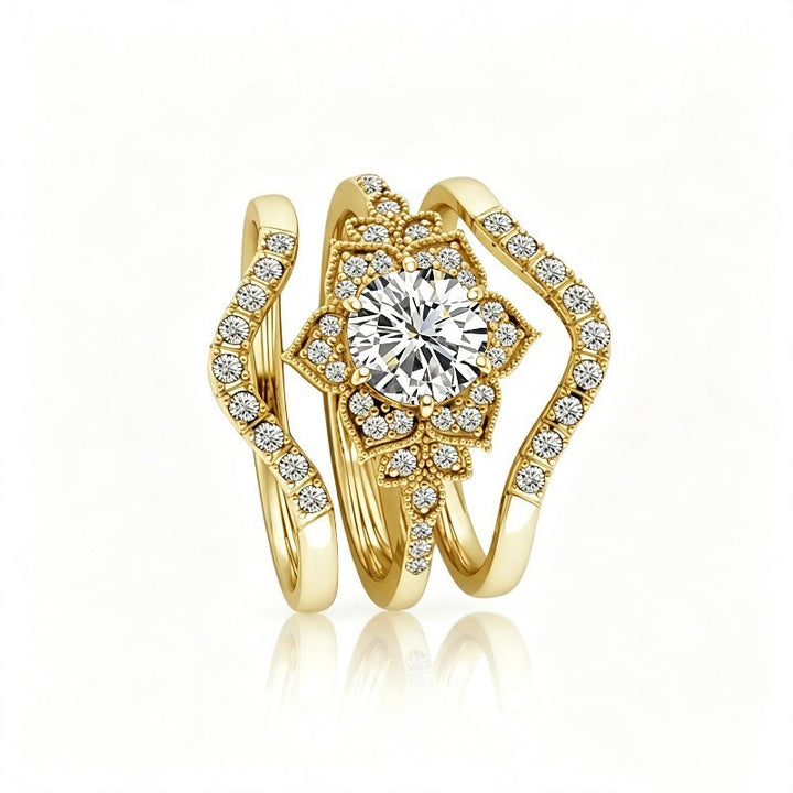 Vintage Floral Stackable Ring Set, Sparkling Center Diamond Curved Band Statement Rings for Women