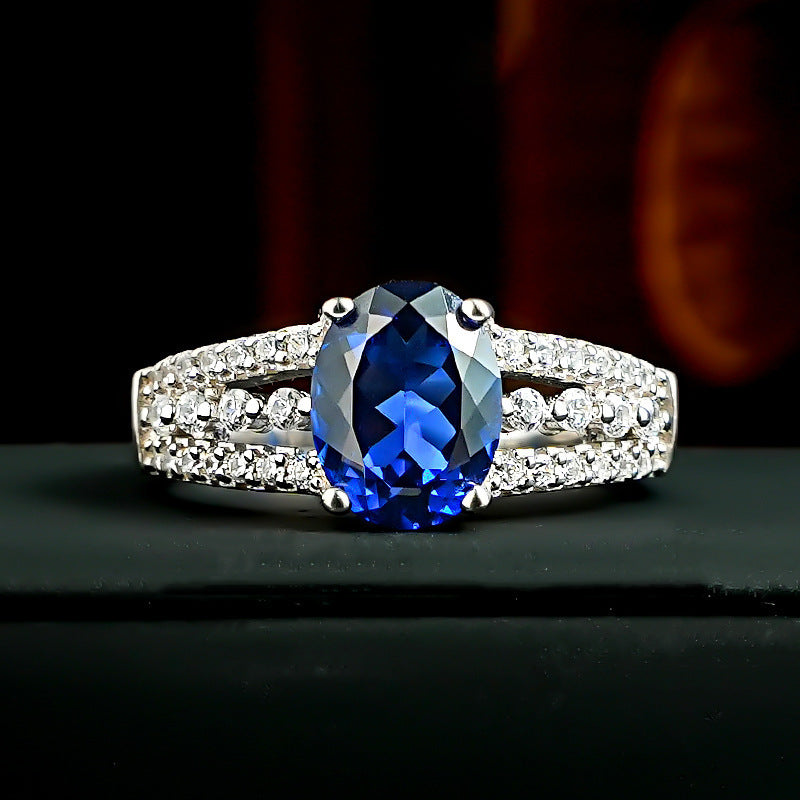 Oval Blue Sapphire Split Shank Halo Ring, Adjustable Opening Diamonds Statement Ring For Women
