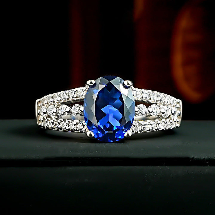Oval Blue Sapphire Split Shank Halo Ring, Adjustable Opening Diamonds Statement Ring For Women