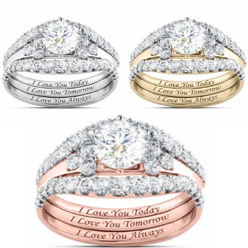 Round Diamond Engraved 3-Piece Bridal Stack Ring, Personalized "I Love You Today Tomorrow Always" Promise Ring