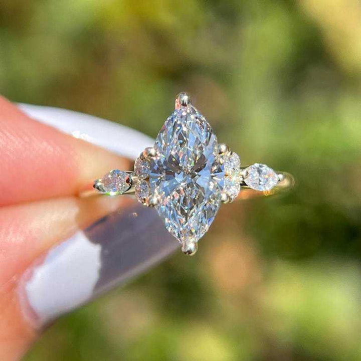 Marquise Cut Three Stone Diamond Engagement Ring, Pear Accent Bridal Promise Ring For Women