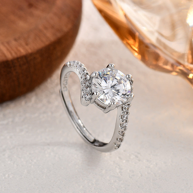 6-Prong Round Diamond Twist Shank Halo Engagement Ring, Adjustable Opening Diamonds Ring