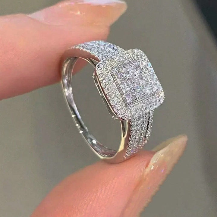 Square Double Halo Pave Diamond Statement Ring, Luxury Cocktail Engagement Wedding Finger Jewelry