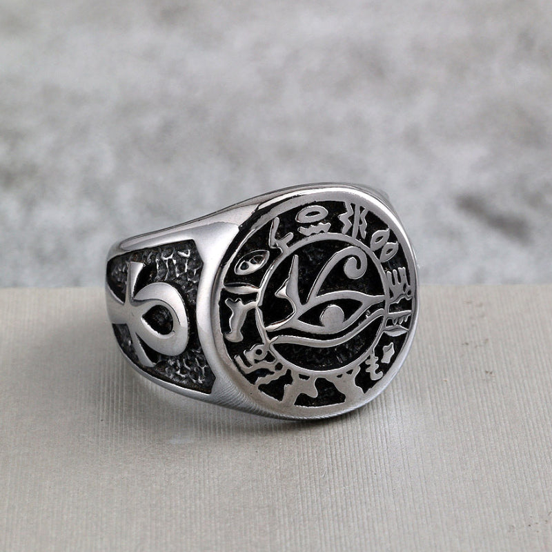 Ancient Egyptian Eye of Horus Signet Ring, Engraved Ankh Hieroglyph Unisex Symbol Ring