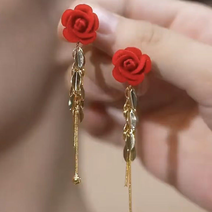 Romantic Red Rose Drop Earrings, Long Tassel Leaf Dangle Earrings for Women Party Jewelry