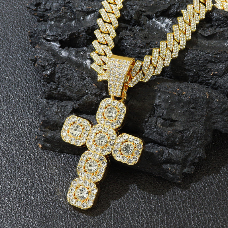 Halo Square Cluster Diamond Cross Pendant Cuban Link Necklace, Hip Hop Faith Religious Statement Jewelry