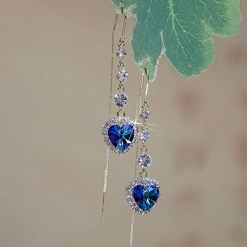 Heart‑Shaped Blue Diamond Threader Drop Earrings, Long Tassel Gold‑Tone Dangle Earrings