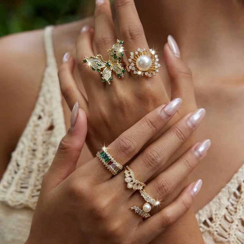 Fashion Adjustable Opening Rings, Sparkling Diamond &amp; Colored Gems Pearl Rings for Women