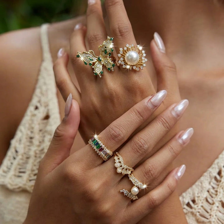 Fashion Adjustable Opening Rings, Sparkling Diamond &amp; Colored Gems Pearl Rings for Women