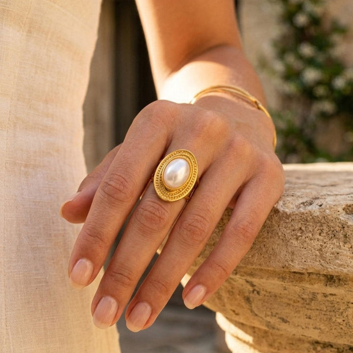Vintage Multi-Layer Oval Pearl Open Ring, Adjustable 18K Gold Statement Ring